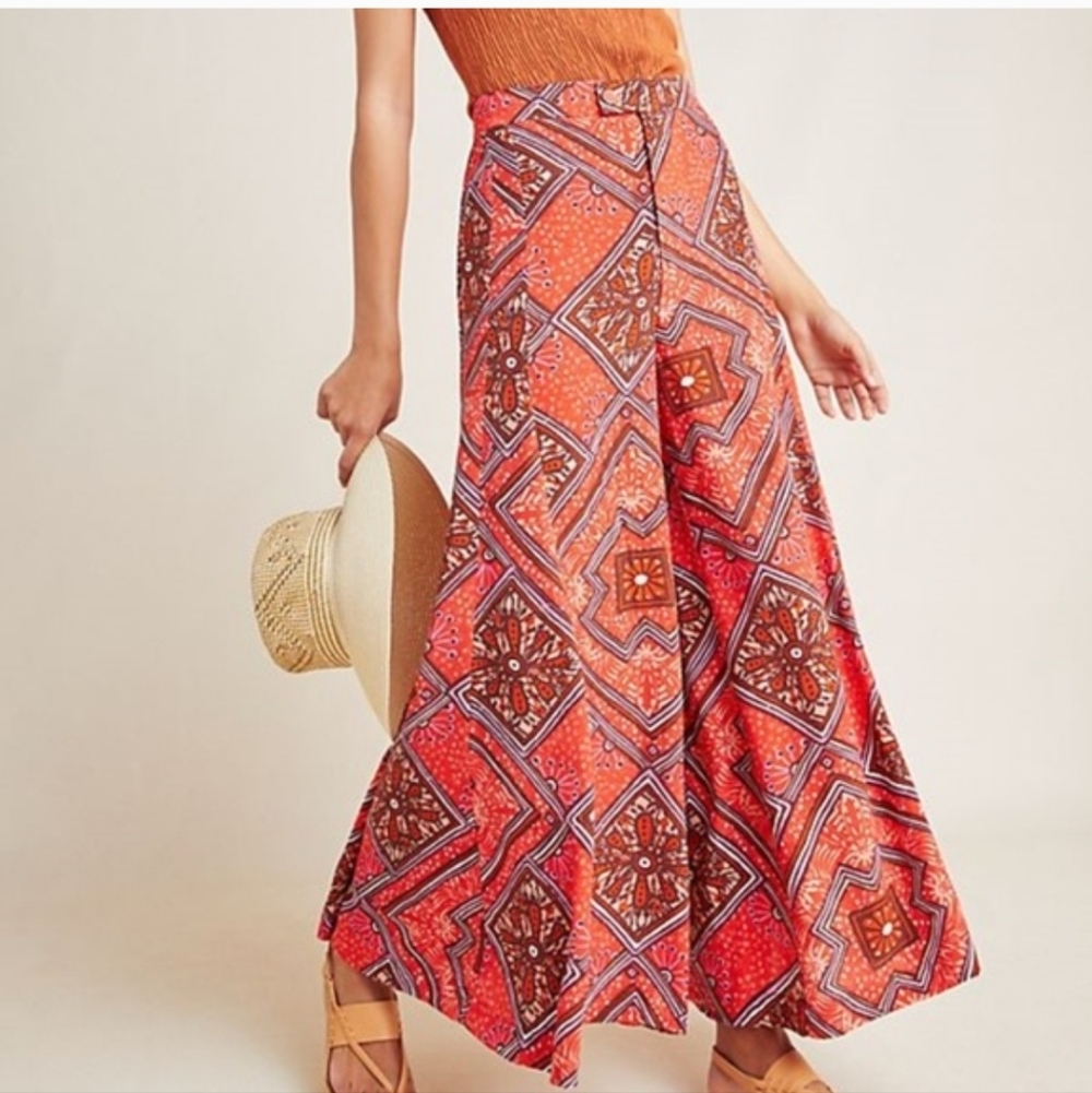 Anthropologie Skirted Wide Leg Pants Red Geometric Floral Print 4 Boho
